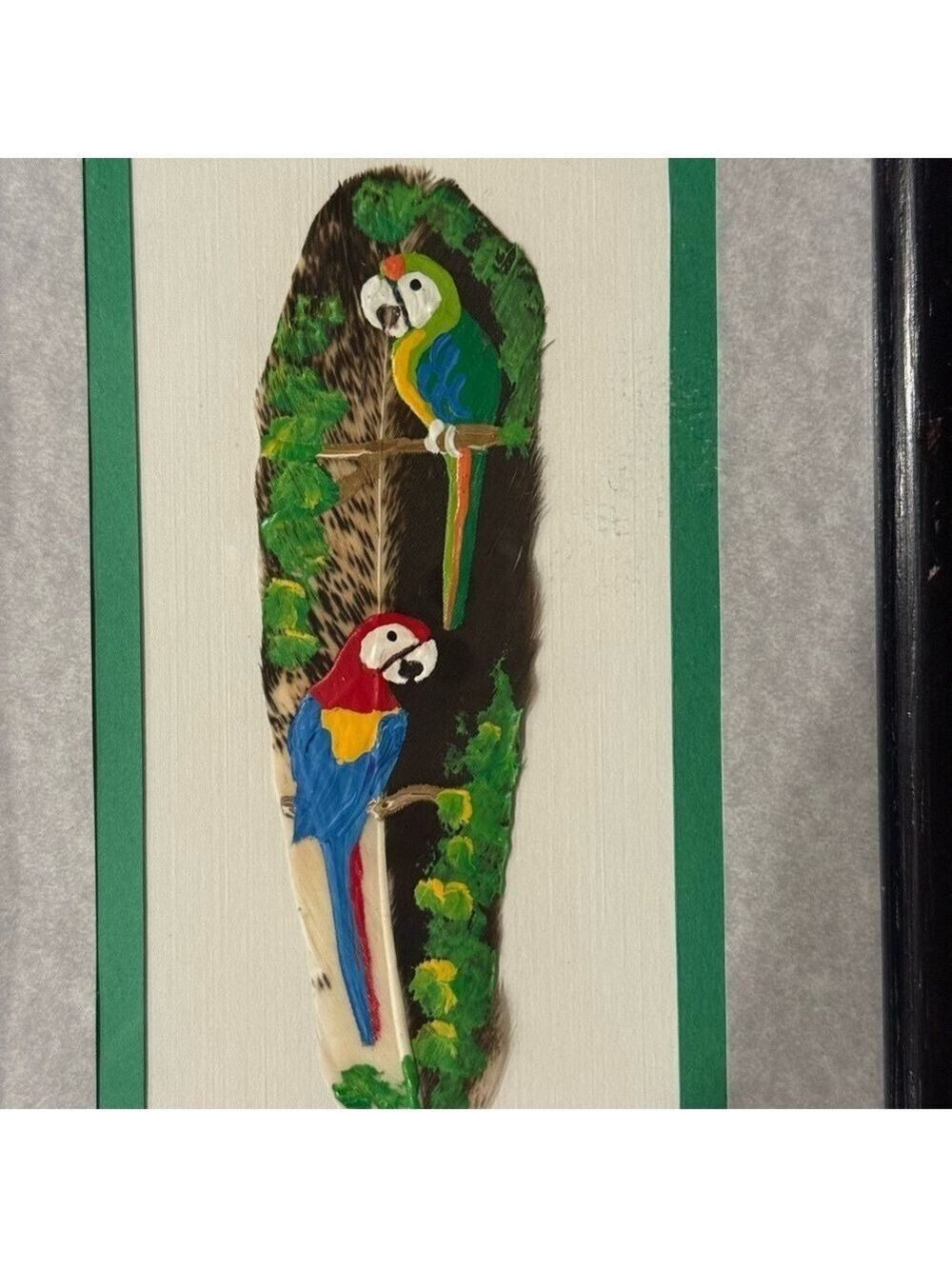 Parrots Art Painting on Feather Artwork Framed Nicaragua Blue Green Colorful Art - Picture 11 of 12